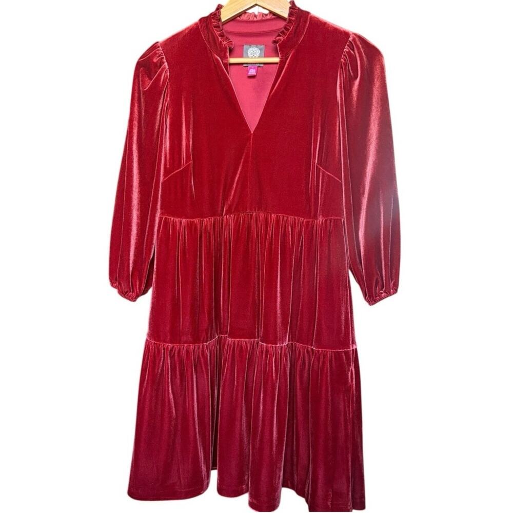 Vince Camuto Tiered Iridescent "Poppy Red" Velvet Dress ~ Ruffle Collar Women 6